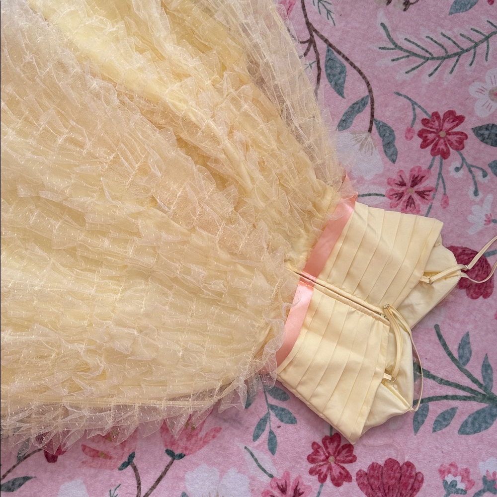 Unique Vintage Yellow Ruffled Tulle Cupcake Dress with Peach Pink Sash - Picture 6 of 6